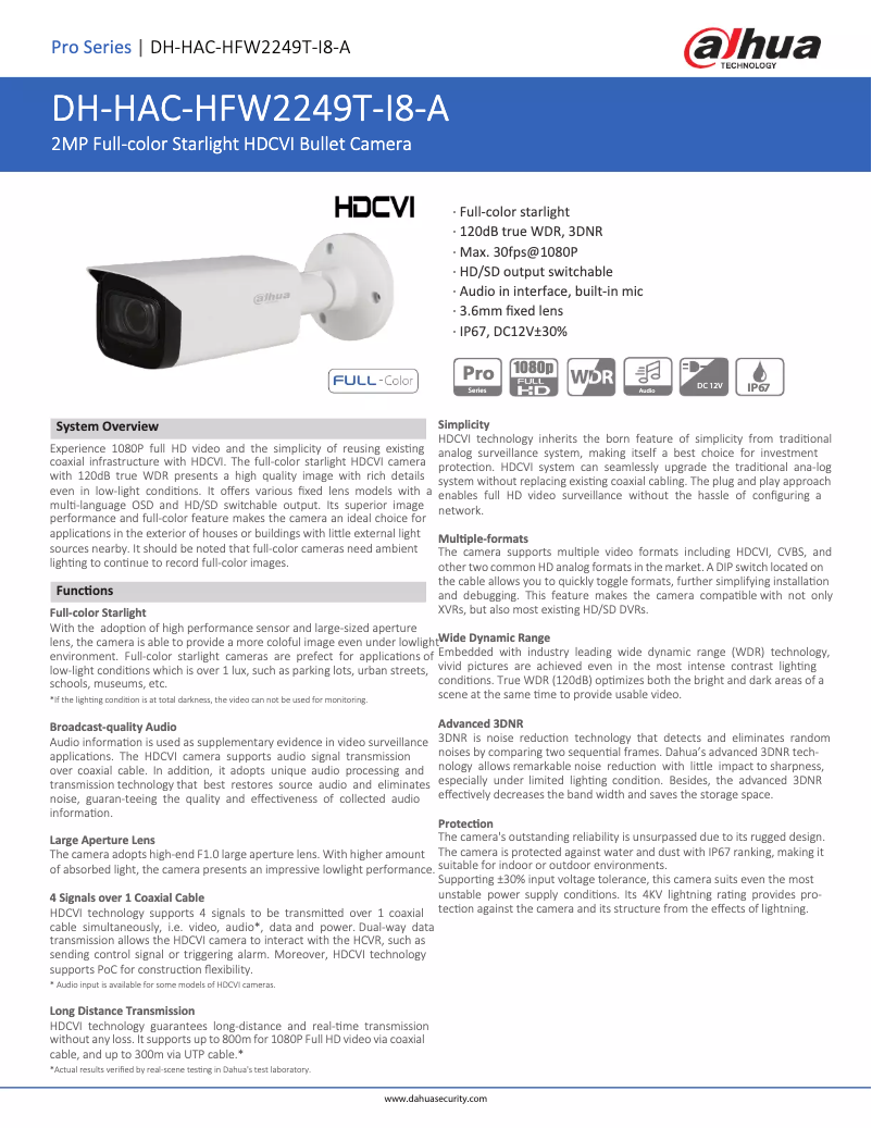 Page 1 de la notice Fiche technique Dahua Technology HAC-HFW2249T-I8-A