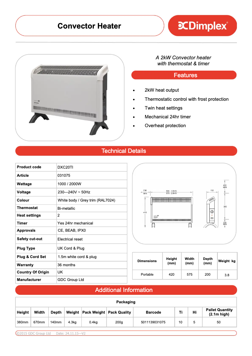 Página 1 del manual Ficha técnica Dimplex DXC20TI