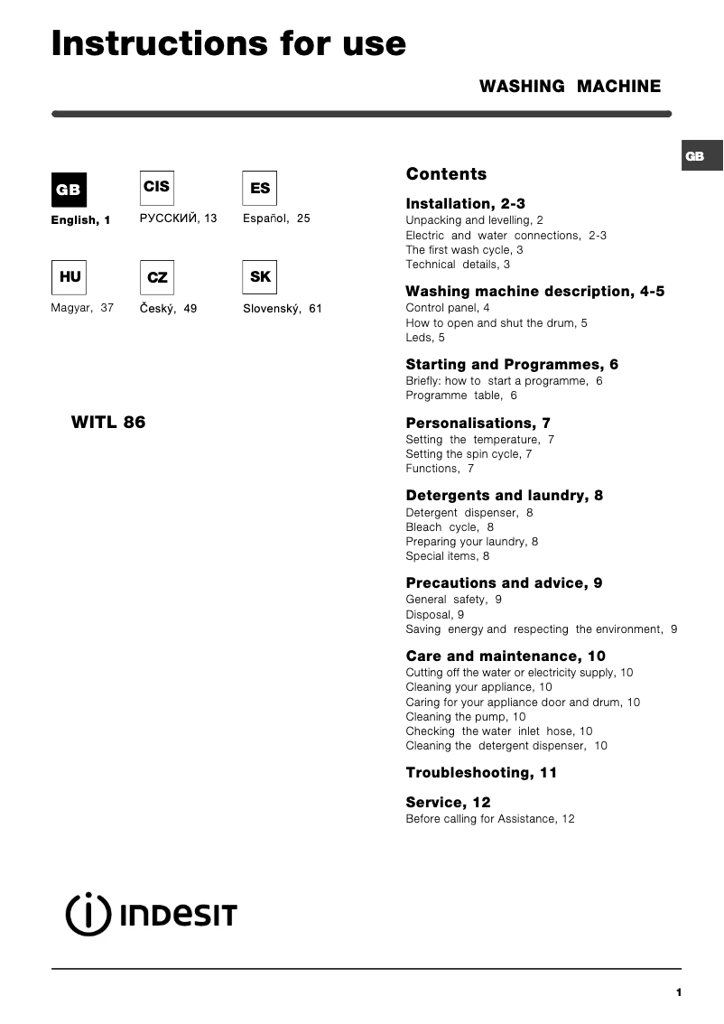 Page 1 de la notice Manuel utilisateur Indesit WITL 86