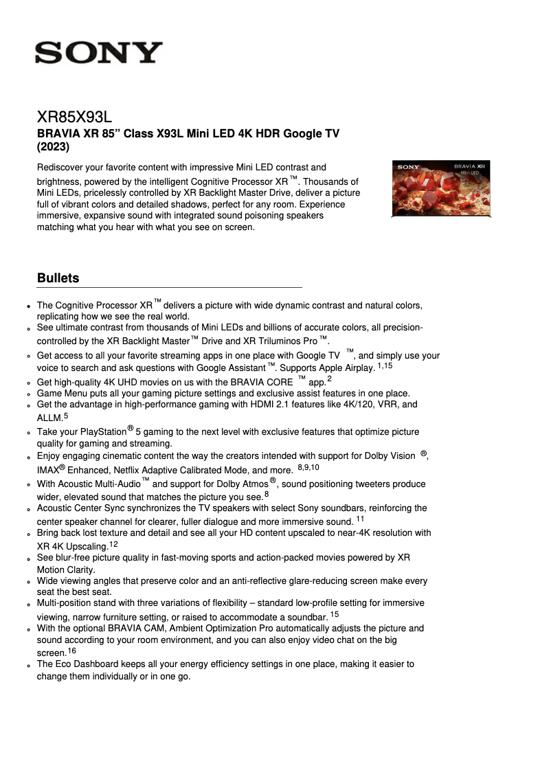 Page n°1 - Fiche technique Sony XR-85X93L