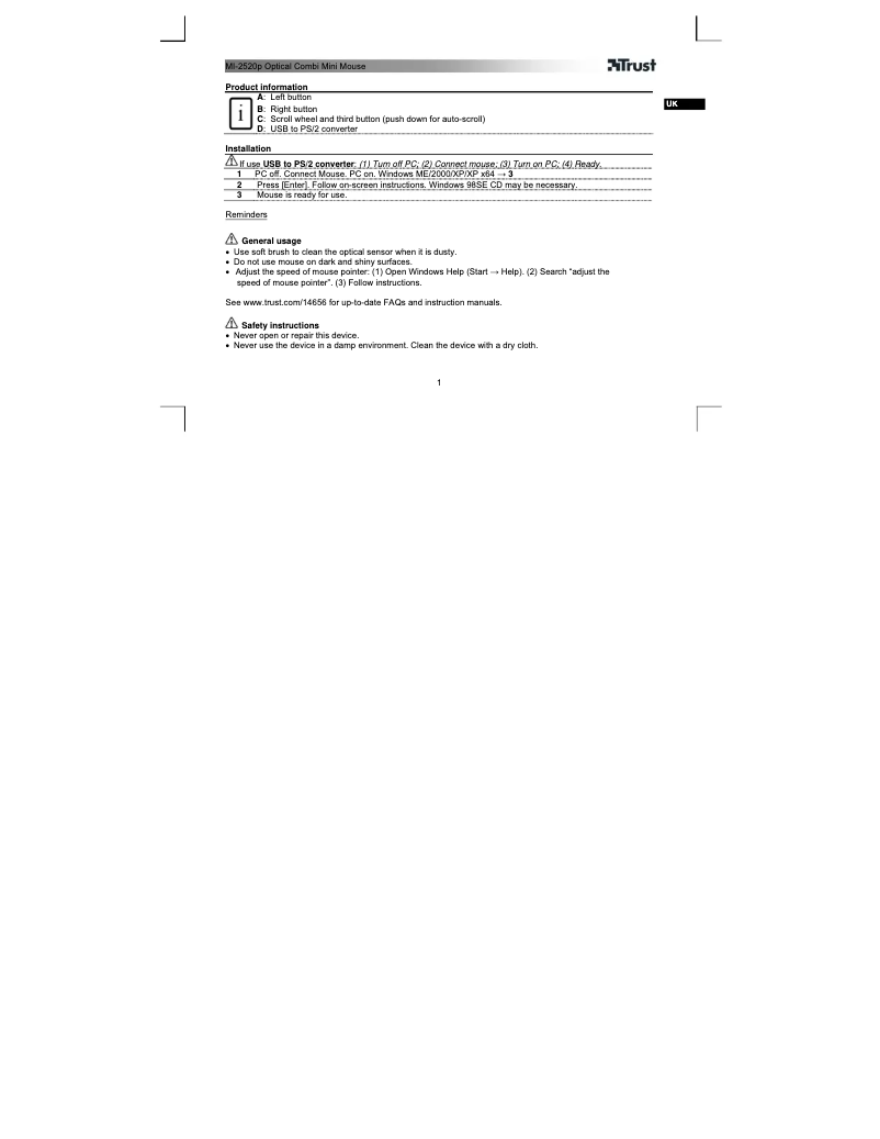 Page 1 de la notice Manuel utilisateur Trust Centa 14656