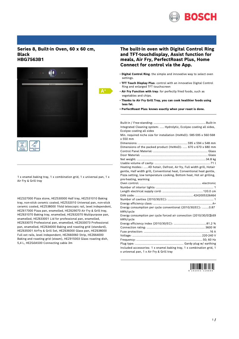 Page 1 de la notice Fiche technique Bosch HBG7563B1