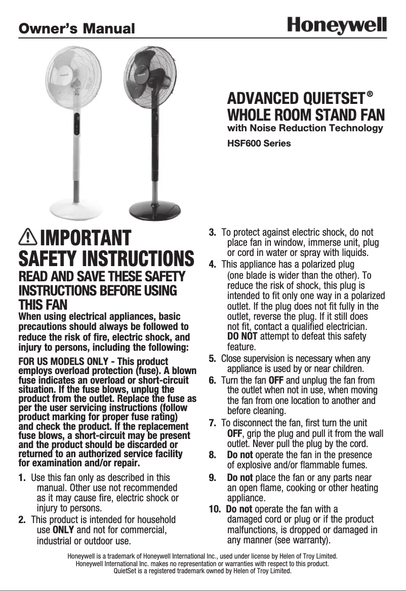 Page 1 de la notice Manuel utilisateur Honeywell HSF600BE4