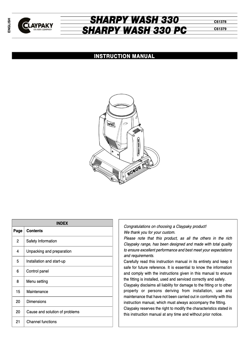 Image de la première page du manuel de l'appareil Sharpy Wash 330