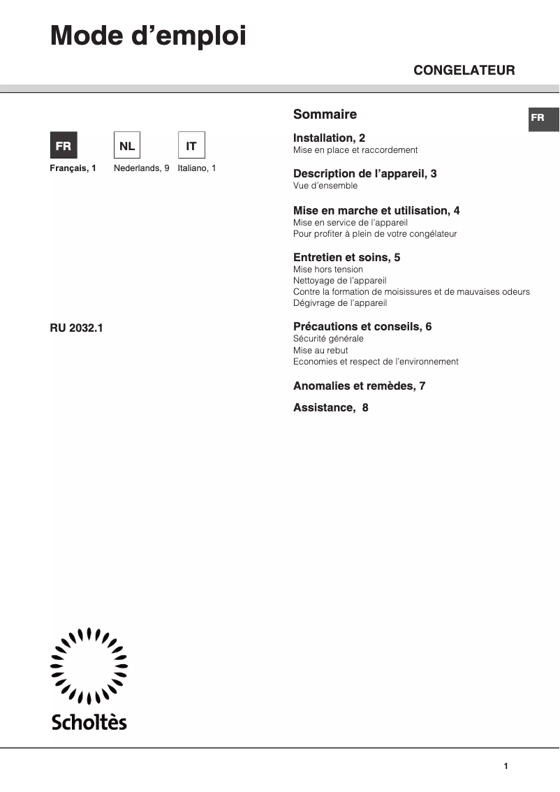 Page 1 de la notice Manuel utilisateur Scholtès RU 2032.1