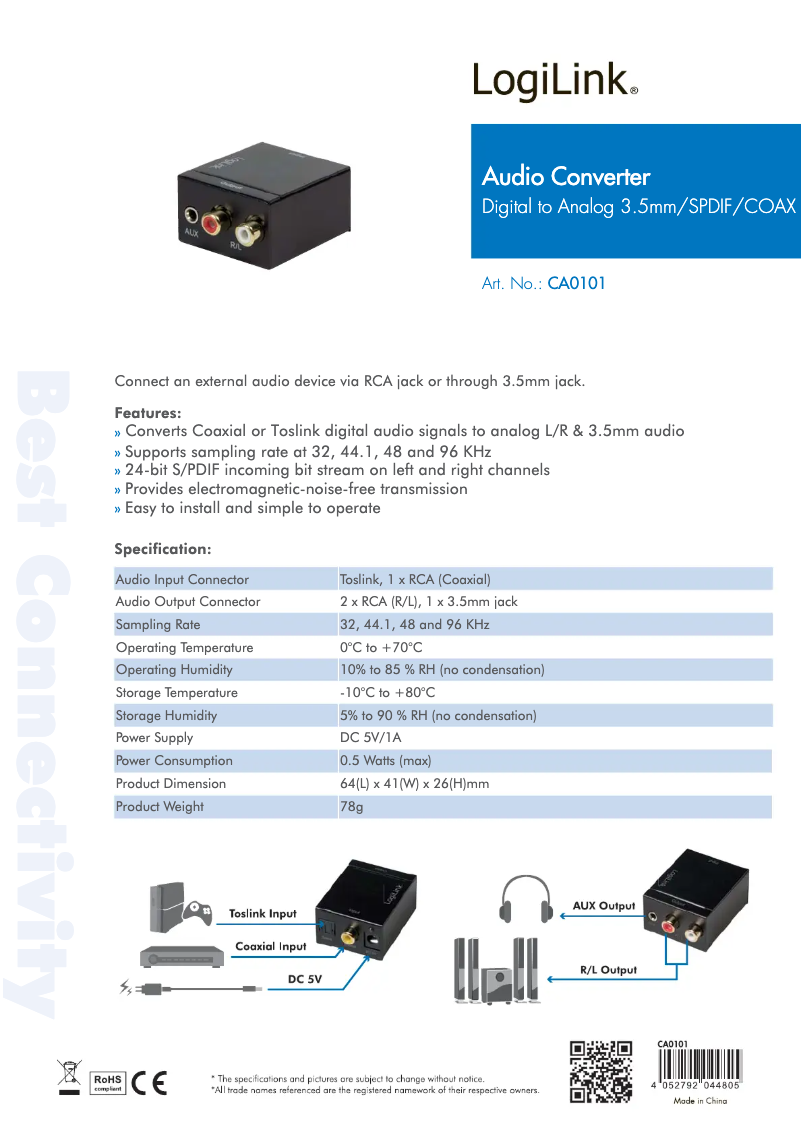 Page 1 de la notice Manuel utilisateur LogiLink CA0101