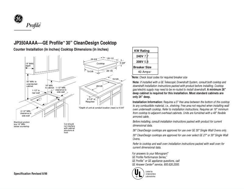 Page 1 de la notice Fiche technique GE Profile JP350AAAA