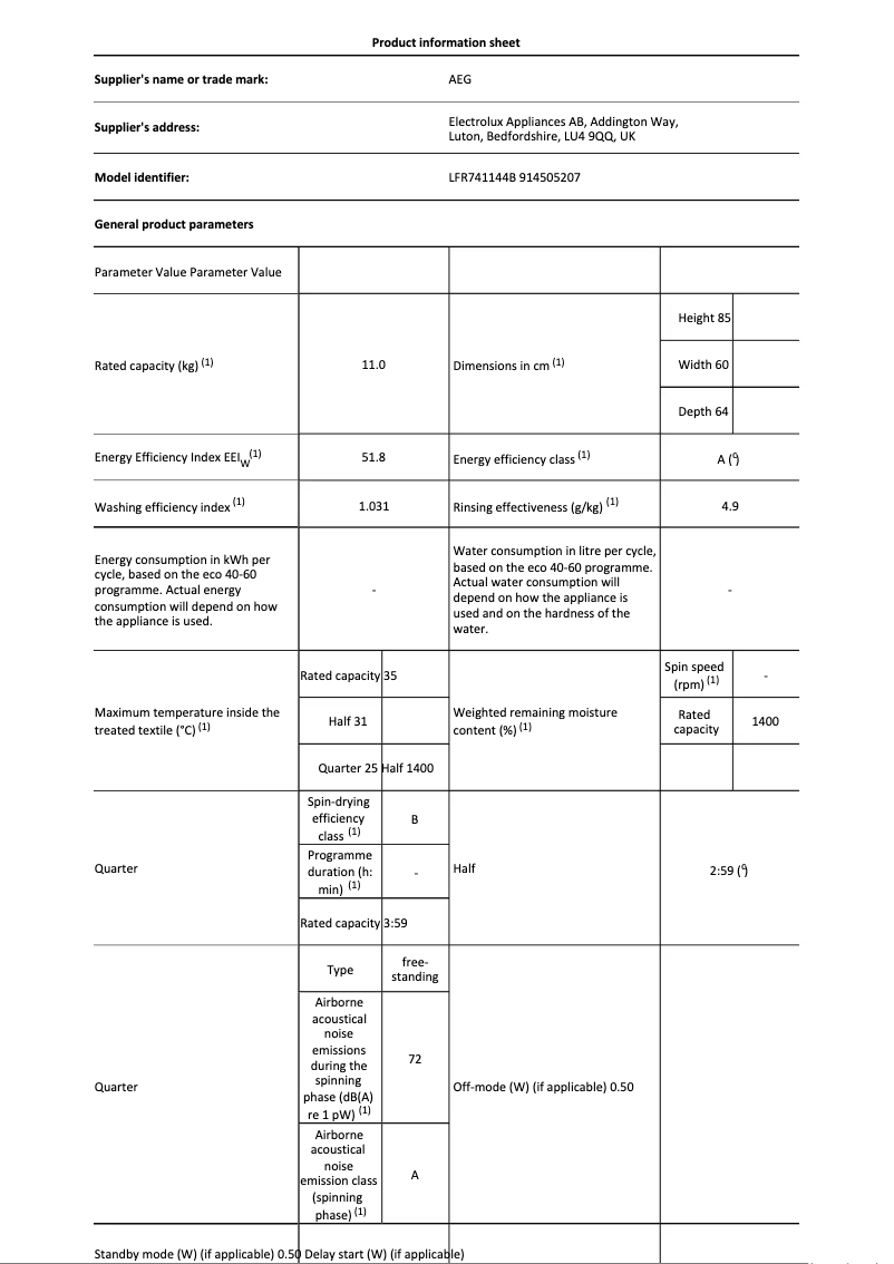 Página 1 del manual Ficha técnica AEG LFR741144B