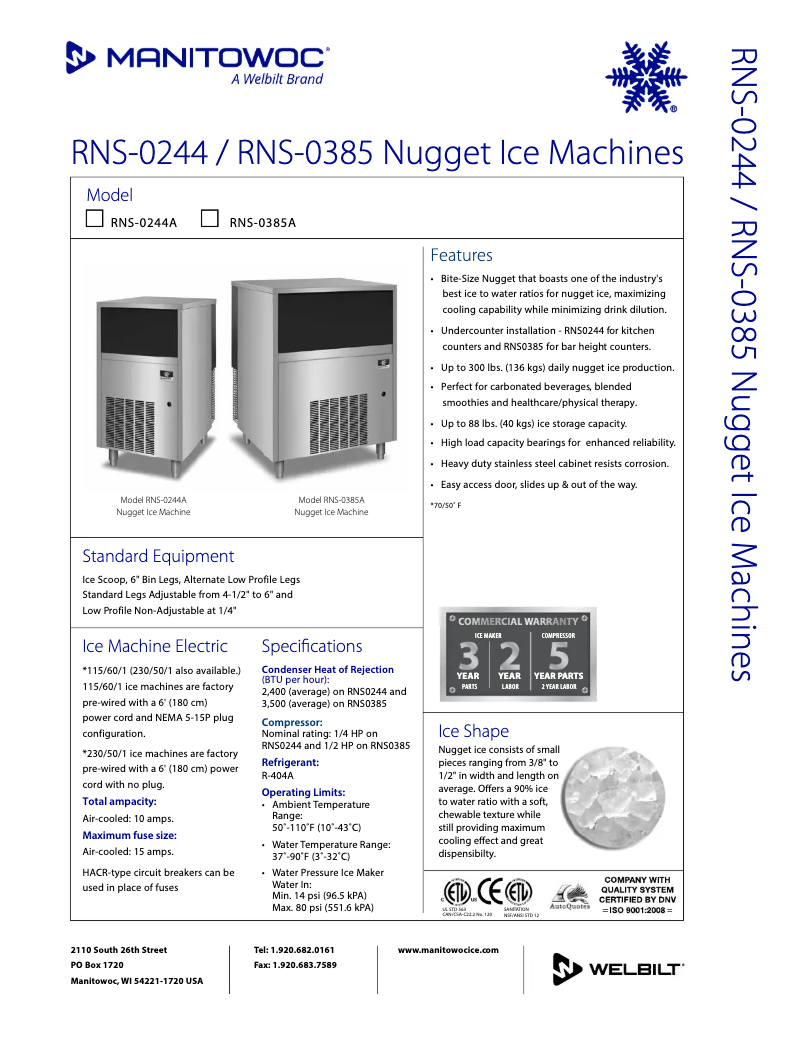 Page n°1 - Fiche technique Manitowoc RNS-0385A