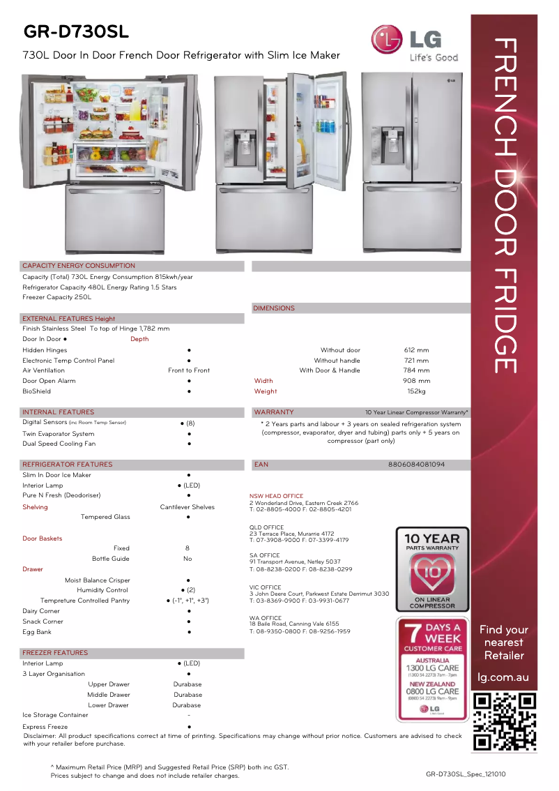 Página 1 del manual Ficha técnica LG GR-D730SL