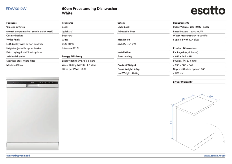 Page n°1 - Fiche technique Esatto EDW6012S