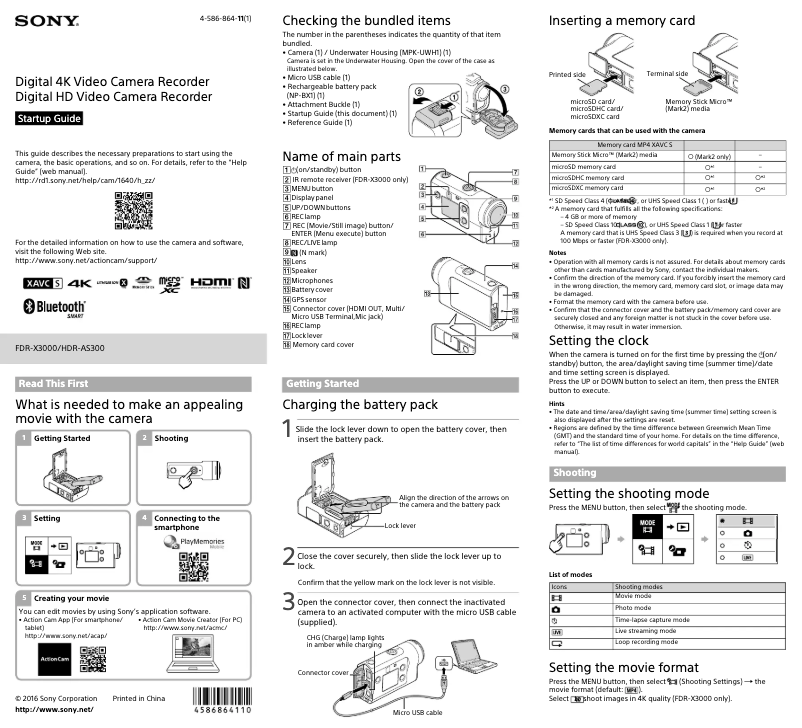 Page 1 de la notice Guide d'installation Sony Handycam HDR-AS300