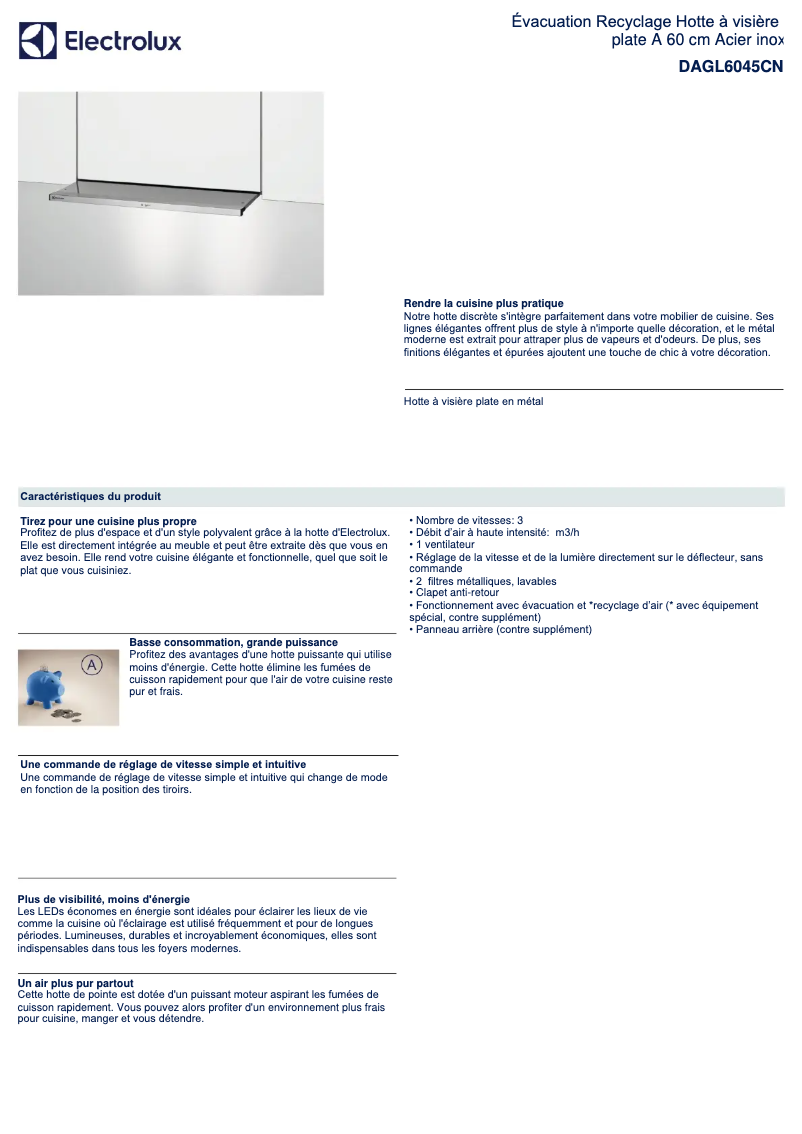 Page 1 de la notice Fiche technique Electrolux DAGL6045CN