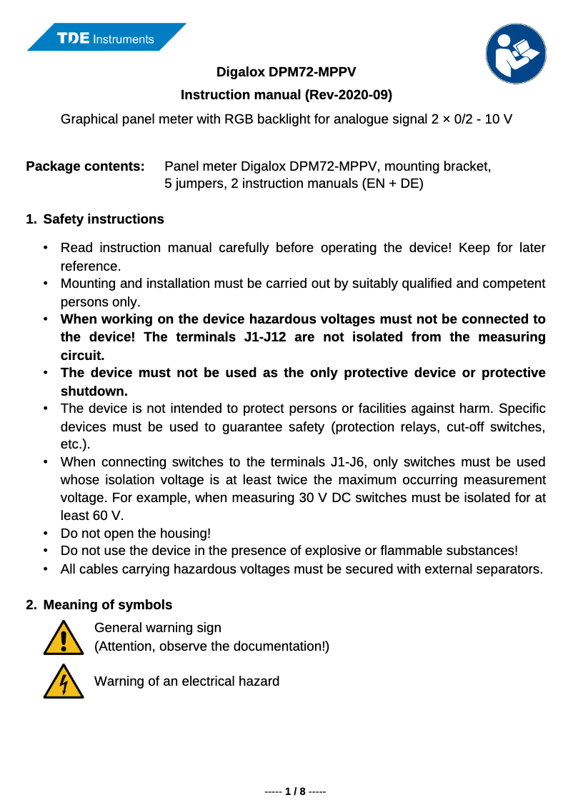 Image de la première page du manuel de l'appareil Digalox DPM72-MPPV