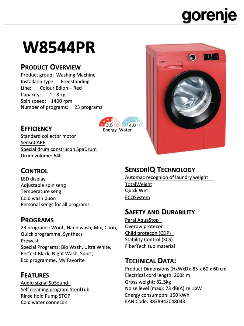 Image de la première page du manuel de l'appareil W8544PR