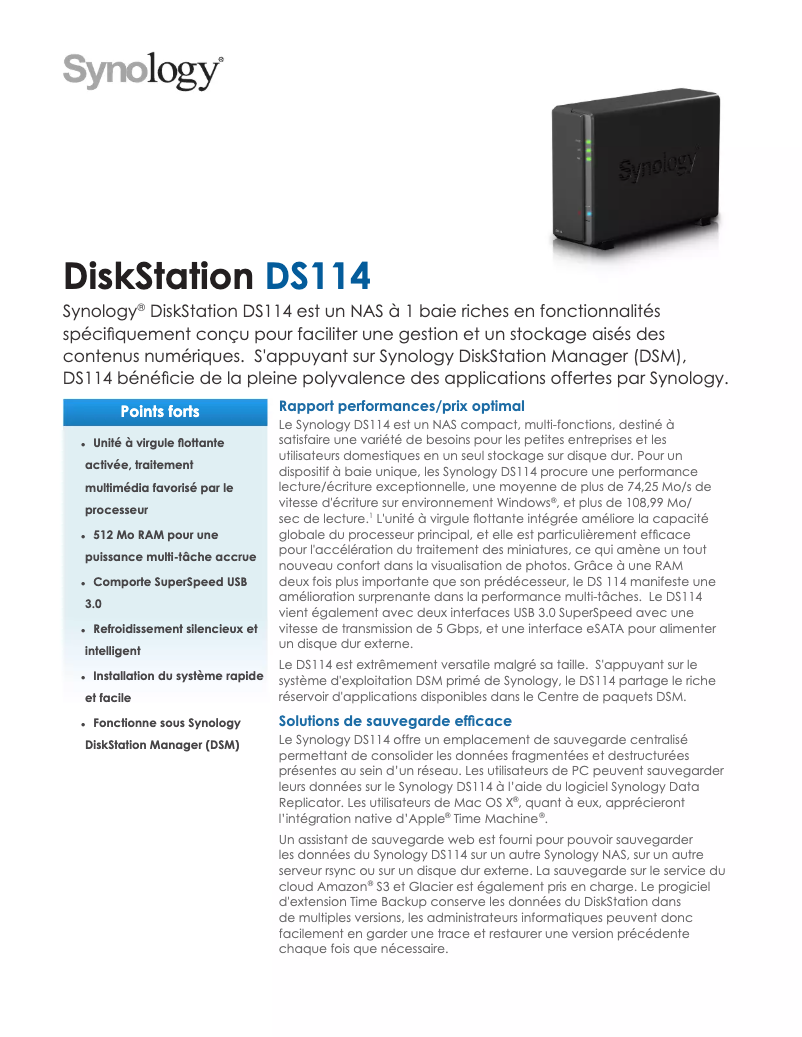 Page 1 de la notice Fiche technique Synology DiskStation DS114
