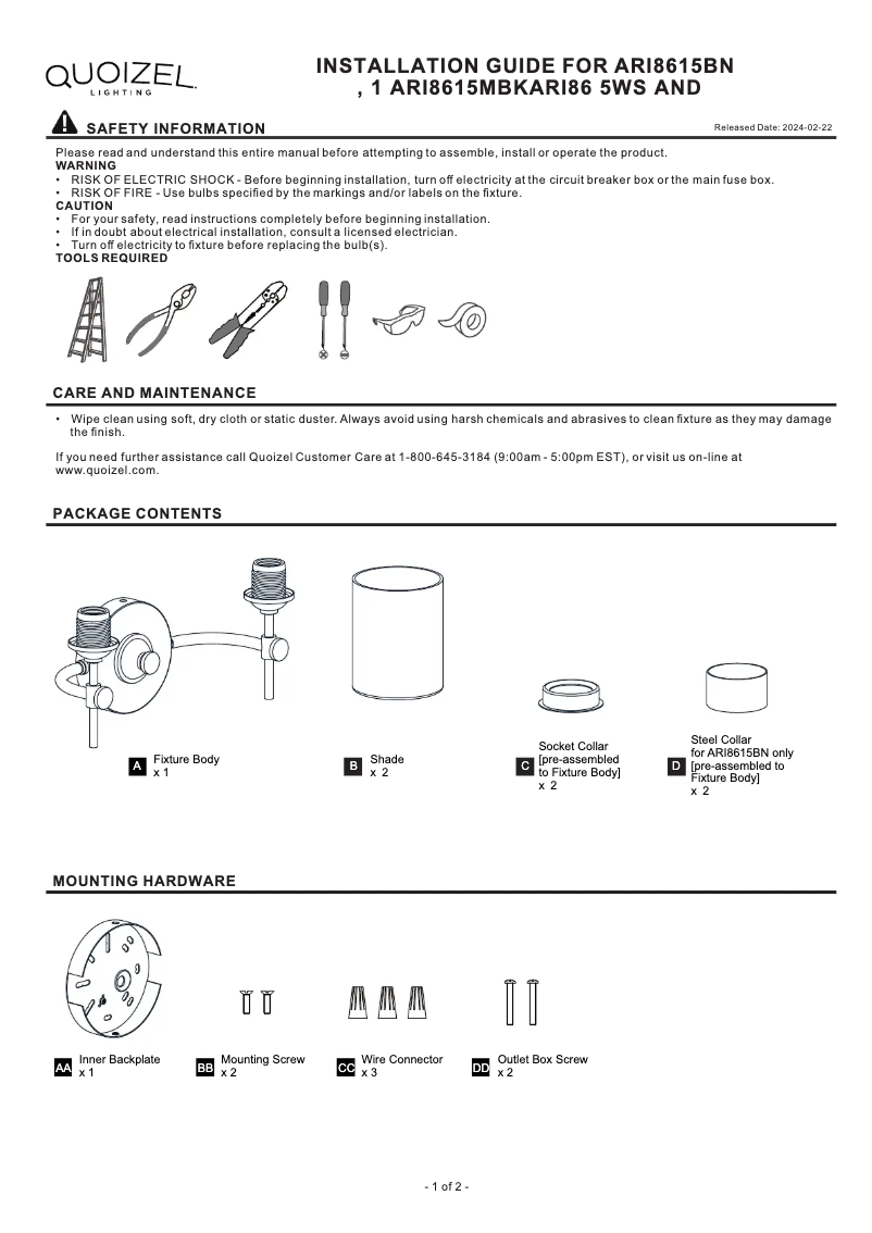Page 1 de la notice Manuel utilisateur Quoizel Aria ARI8615MBK