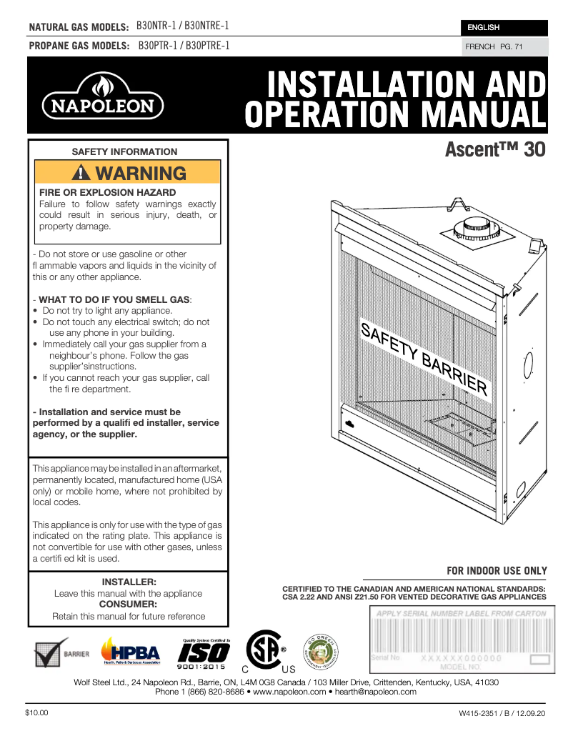 Página 1 del manual Manual de usuario Napoleon Ascent 30