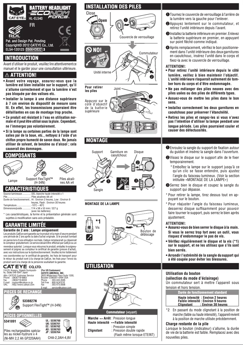Page 1 de la notice Manuel utilisateur Cateye Econom Force HL-EL540