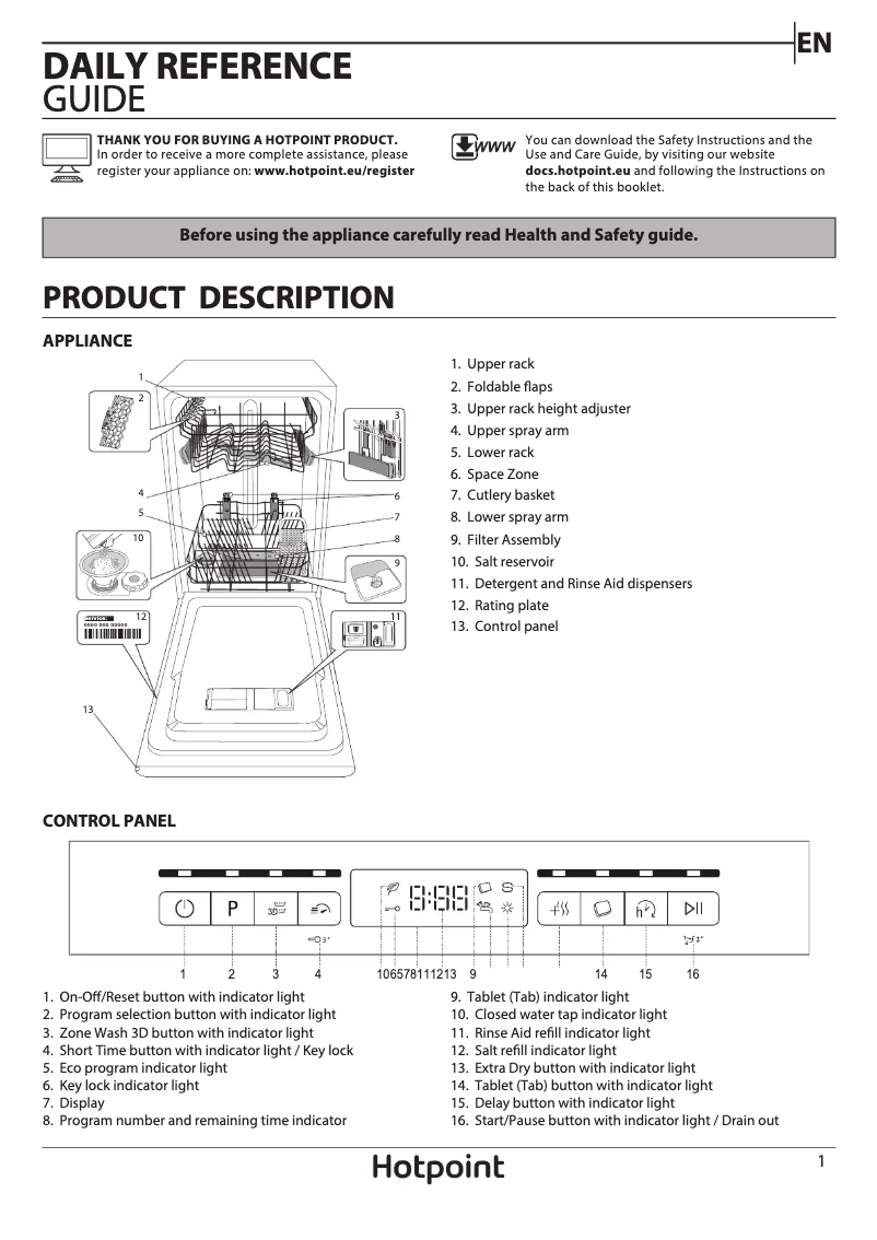 Page 1 de la notice Manuel utilisateur Hotpoint HSFO 3T223 W UK