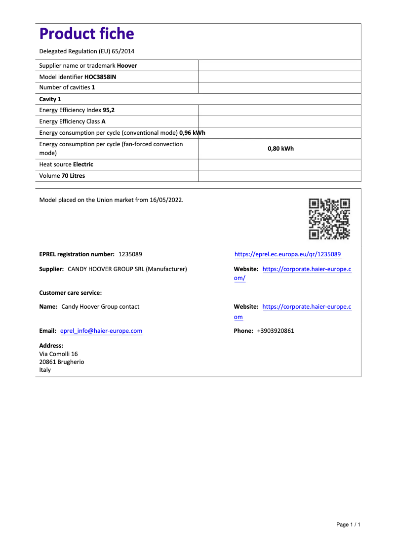 Page 1 de la notice Fiche technique Hoover H-OVEN 300 HOC3858IN