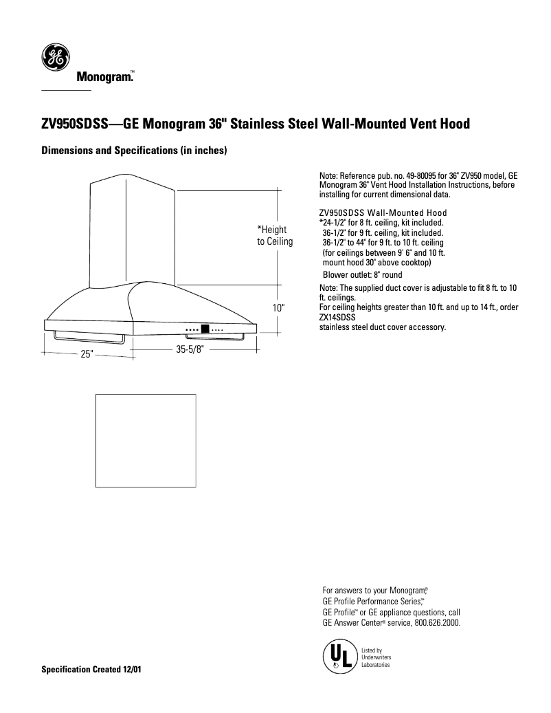 Page n°1 - Fiche technique Monogram ZV950SDSS
