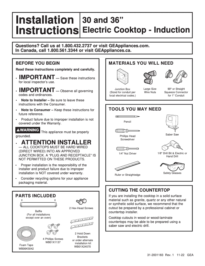 Page n°1 - Guide d'installation GE CHP90361TBB