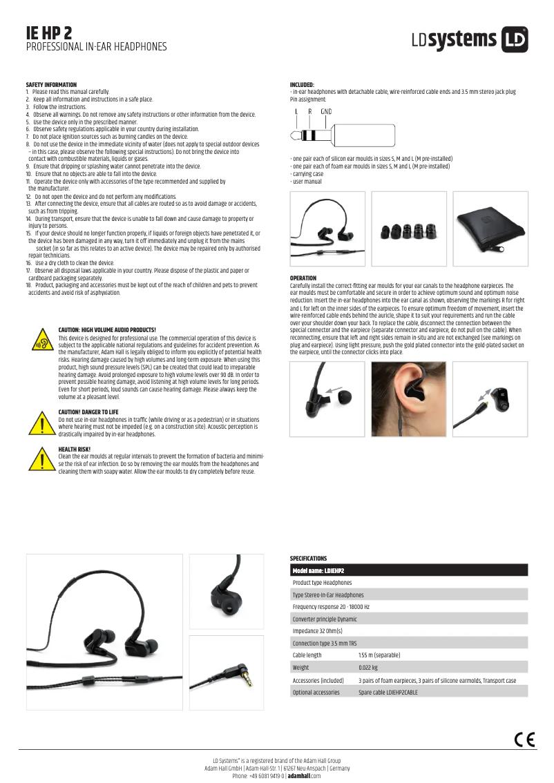 Page n°1 - Manuel utilisateur LD Systems IE HP 2