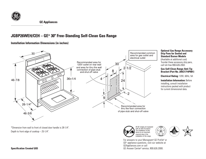 Page n°1 - Fiche technique GE JGBP26WEHWW