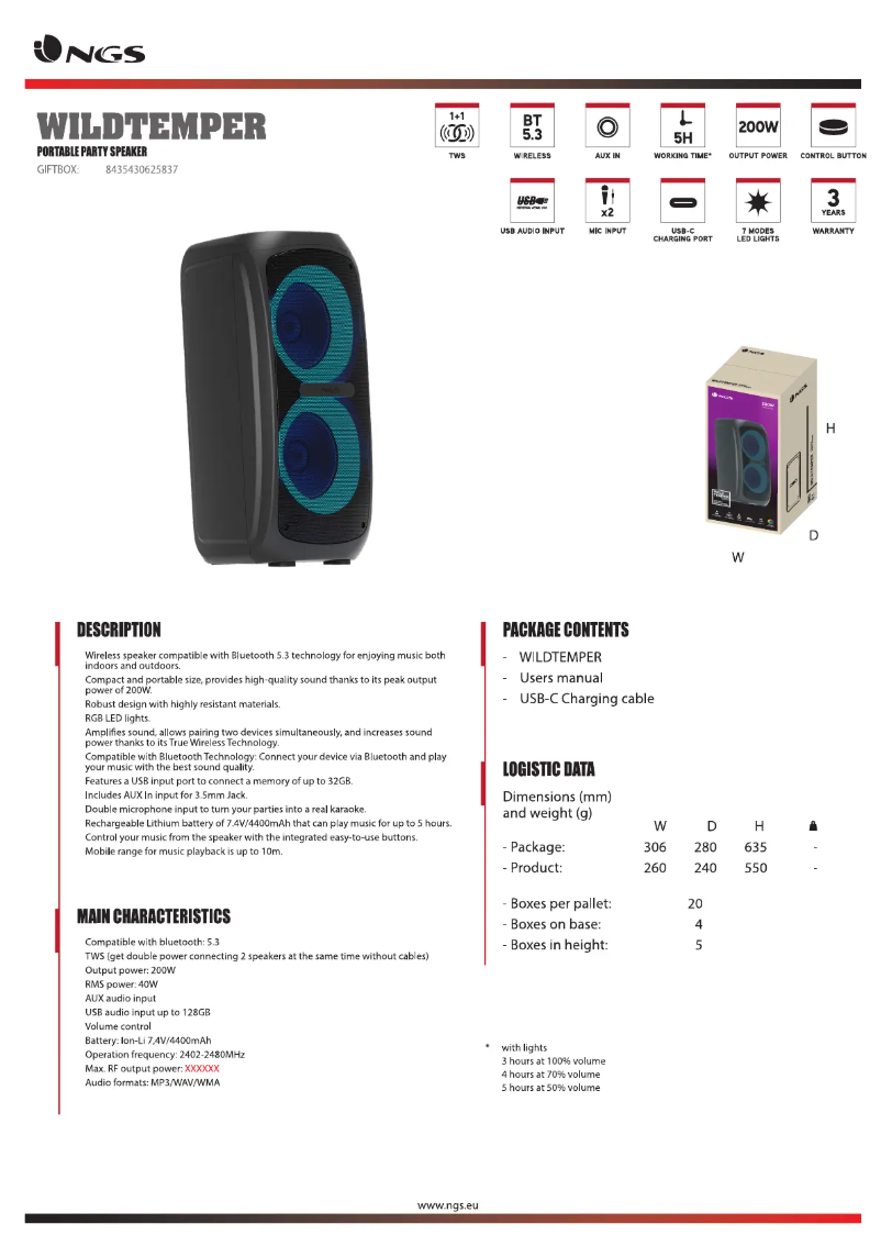 Página 1 del manual Ficha técnica NGS WILD Temper