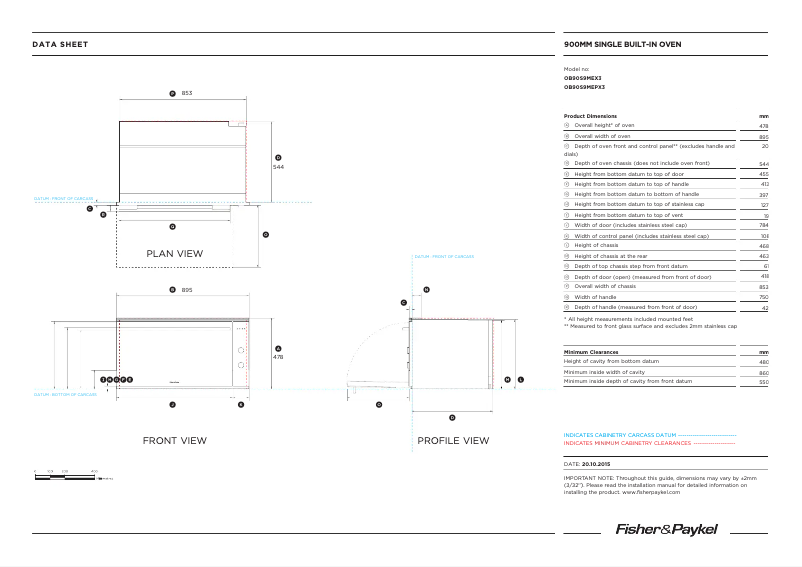 Page 1 de la notice Fiche technique Fisher & Paykel OB90S9MEPX3