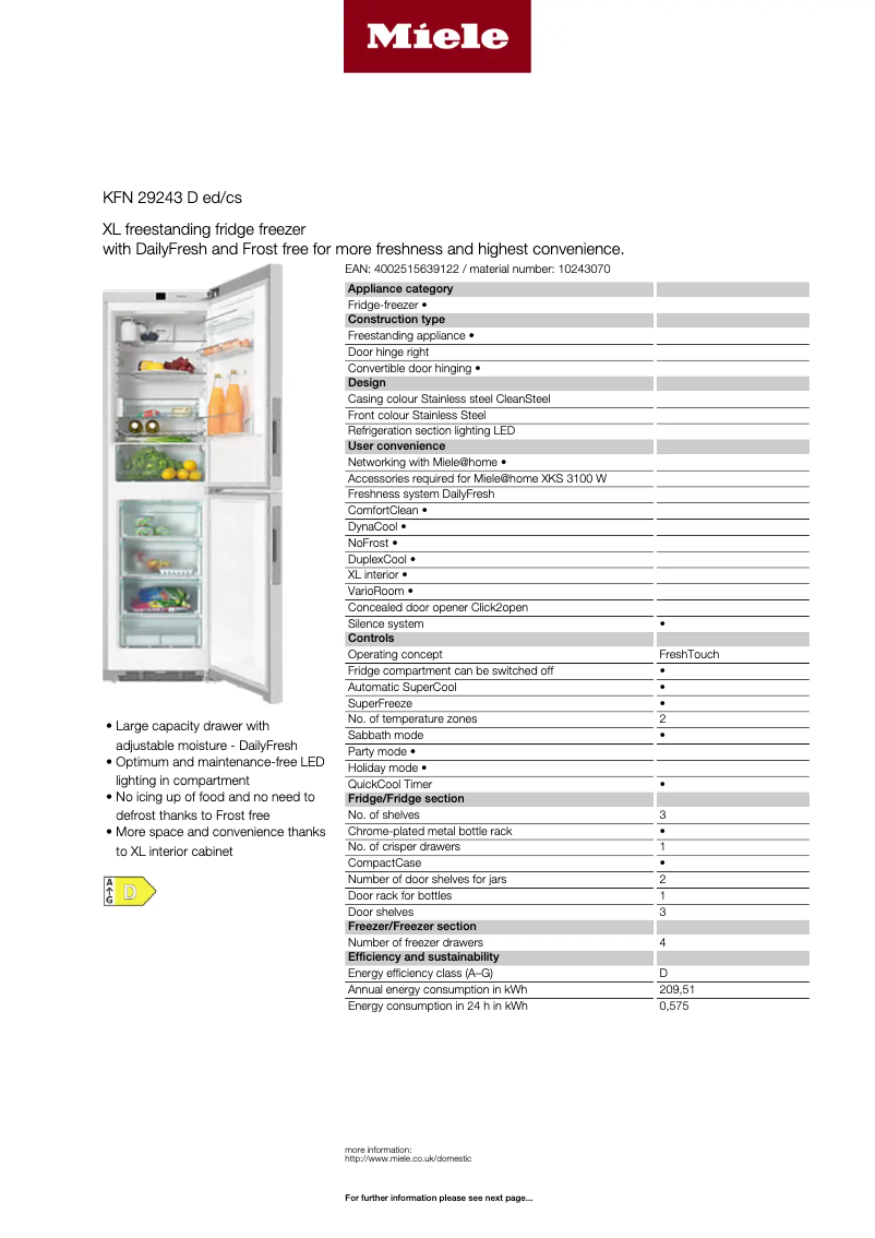 Page 1 de la notice Fiche technique Miele KFN 29243 D ED/CS