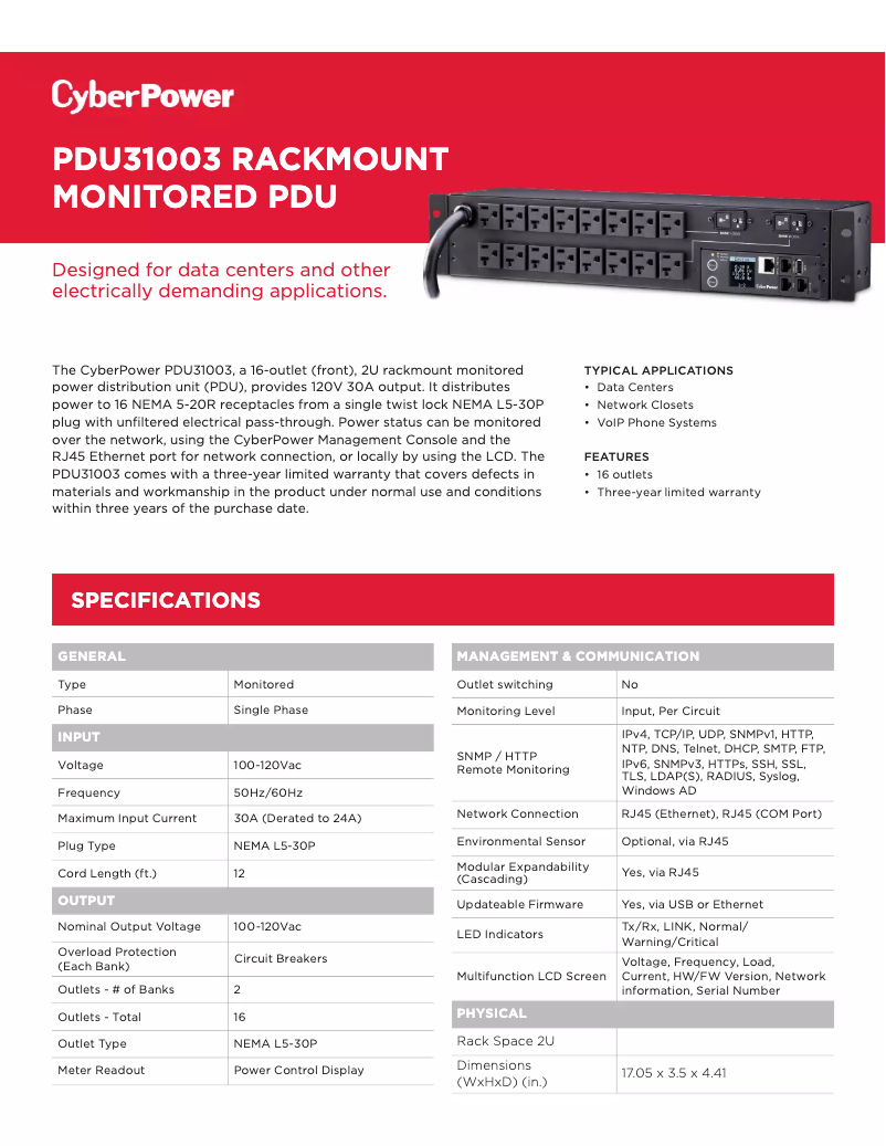 Page n°1 - Fiche technique CyberPower PDU31003