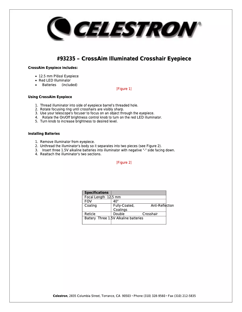 Image de la première page du manuel de l'appareil CrossAim Illuminated Crosshair Eyepiece 93235