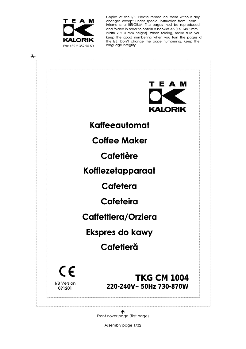 Page 1 de la notice Manuel utilisateur Kalorik TKG CM 1004