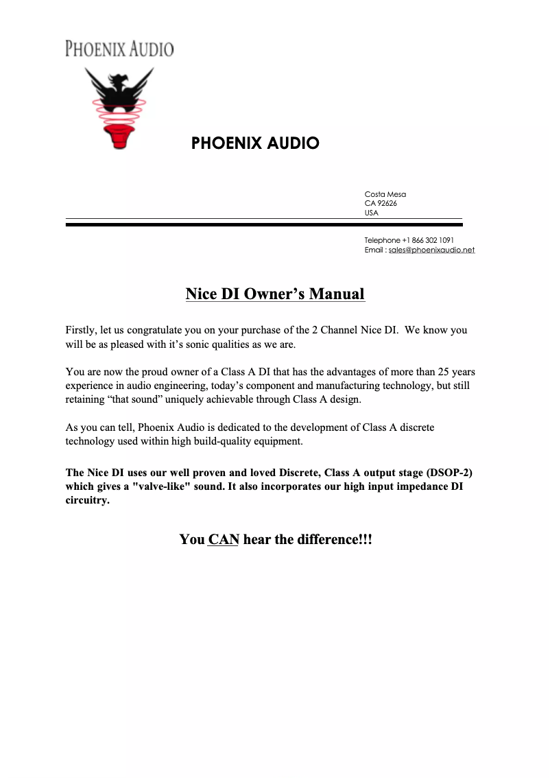 Page 1 de la notice Manuel utilisateur Phoenix Audio Nice DI