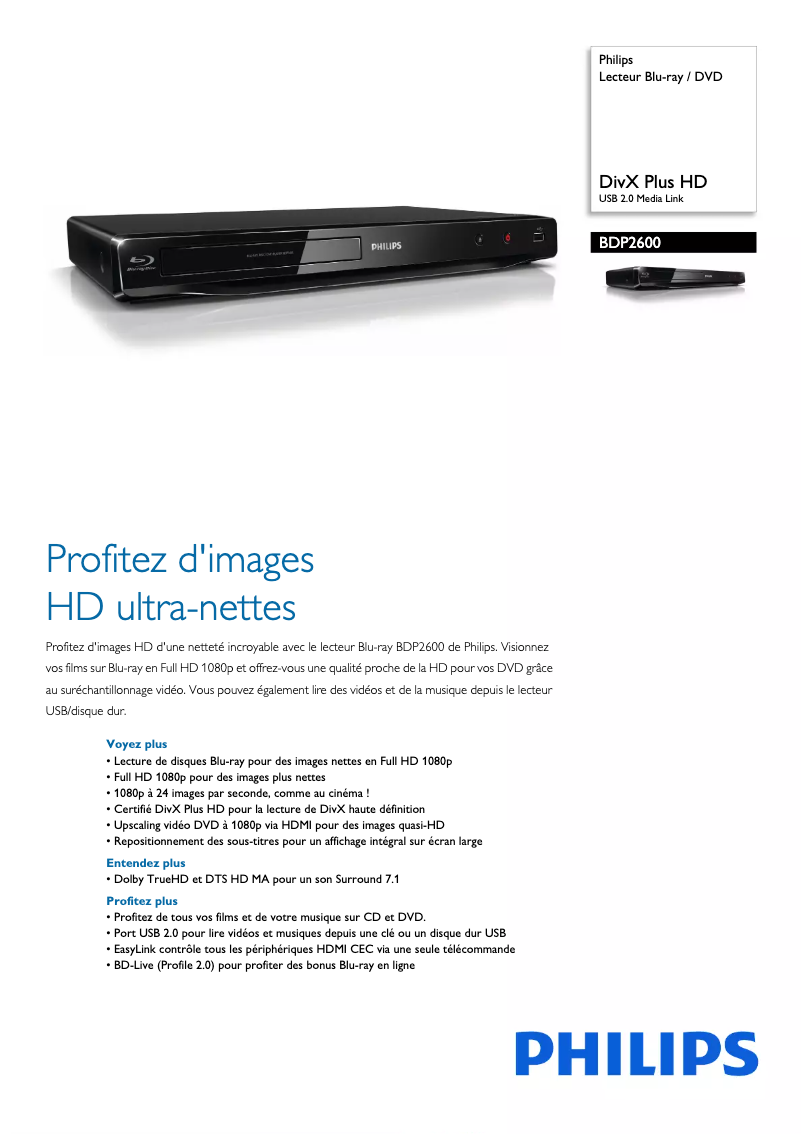 Page n°1 - Fiche technique Philips BDP2600