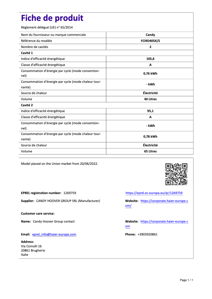 Page 1 de la notice Manuel utilisateur Candy FCI9D405X
