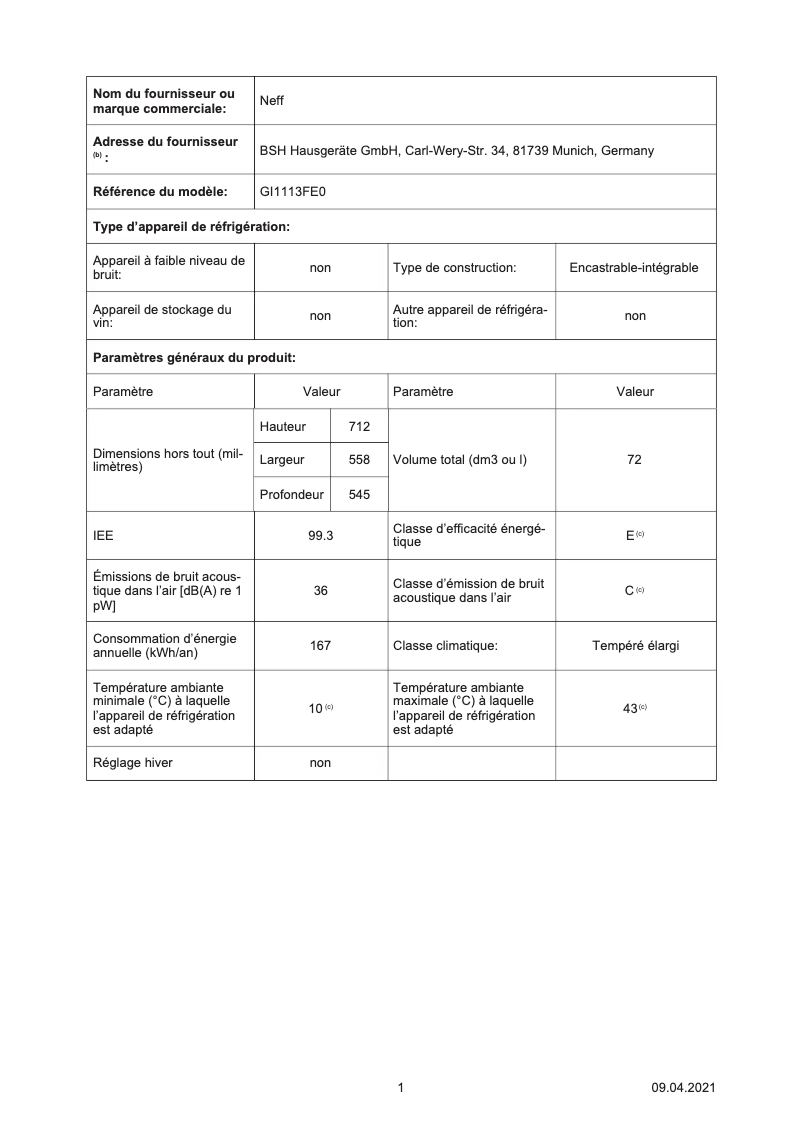 Page n°1 - Label énergétique Neff GI1113FE0