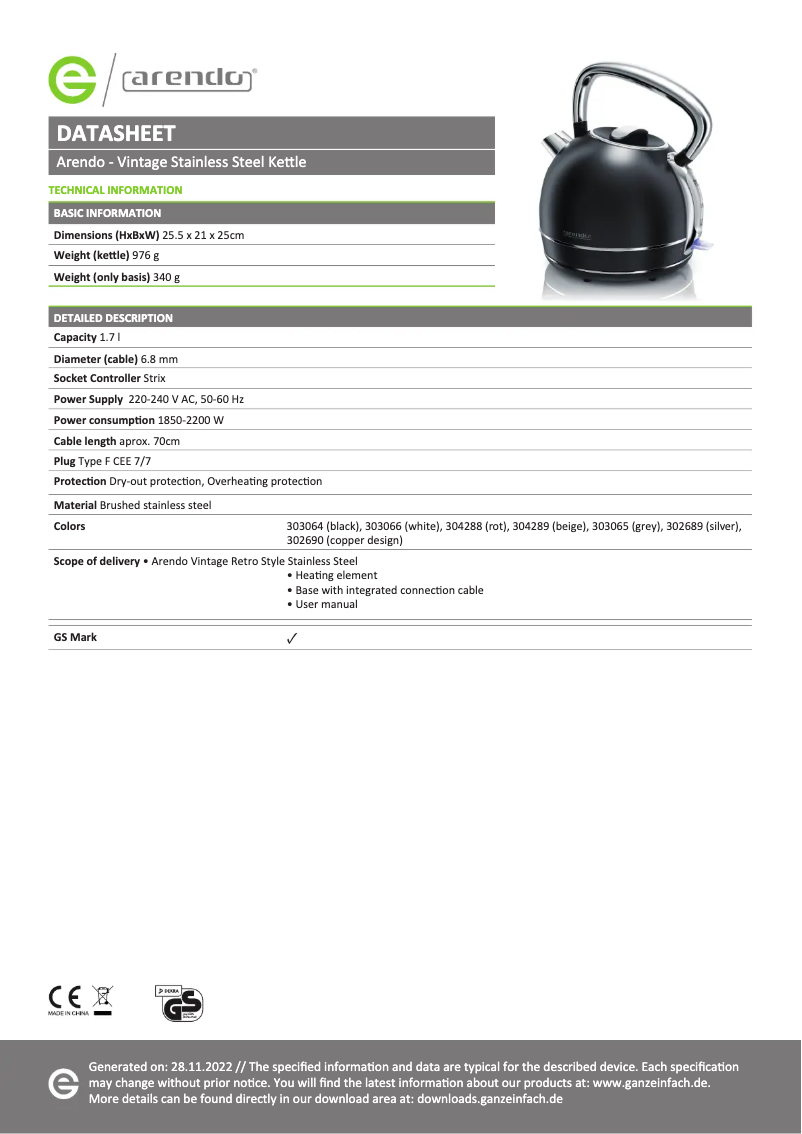 Page 1 de la notice Fiche technique Arendo Vintage 304288