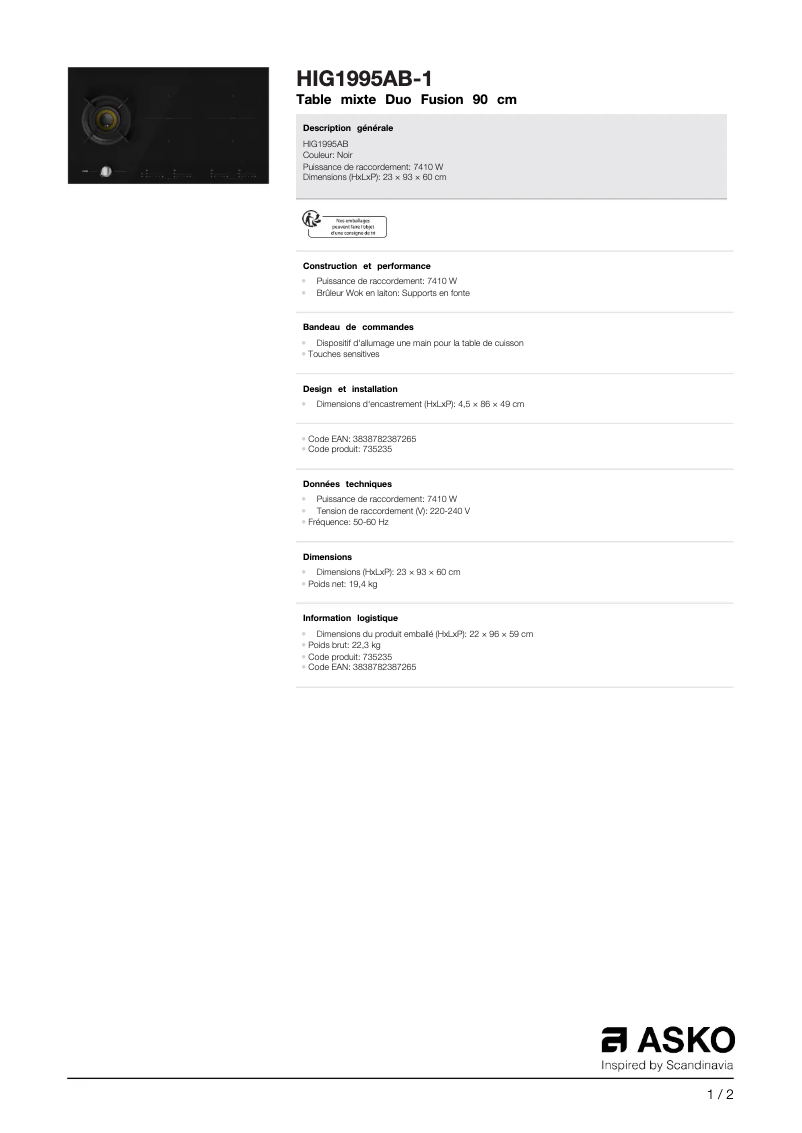 Page n°1 - Fiche technique Asko HIG1995AB
