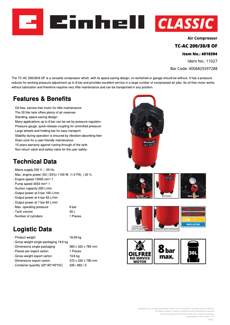Page n°1 - Fiche technique Einhell TC-AC 200/30/8 OF