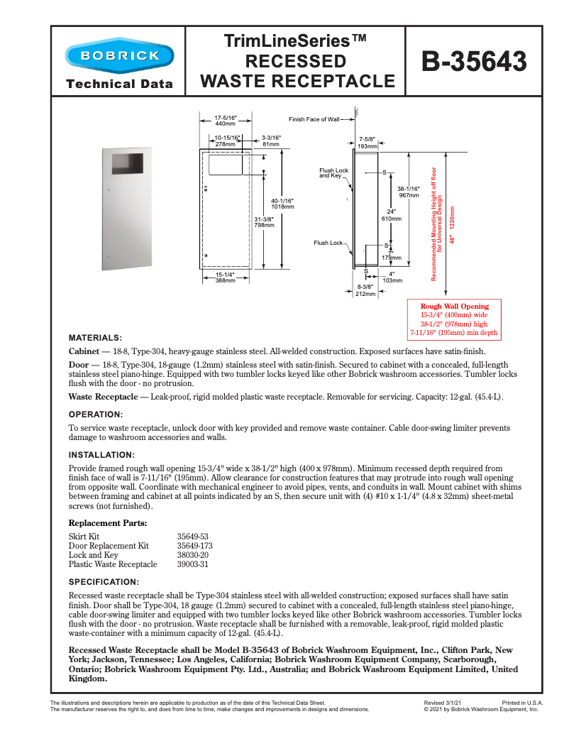 Page 1 de la notice Manuel utilisateur Bobrick B-35643