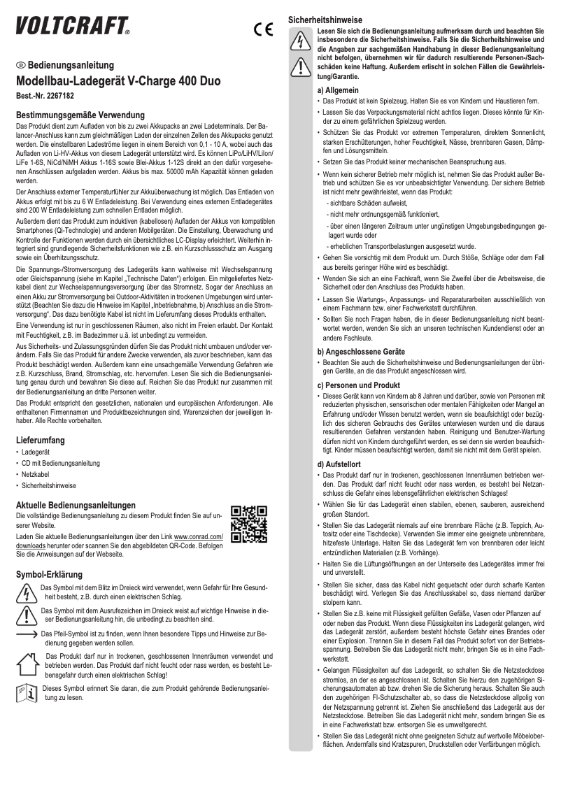 Page 1 de la notice Manuel utilisateur Voltcraft V-Charge 400 Duo