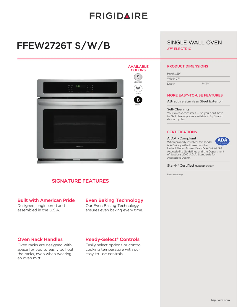 Page n°1 - Fiche technique Frigidaire FFEW2726TB