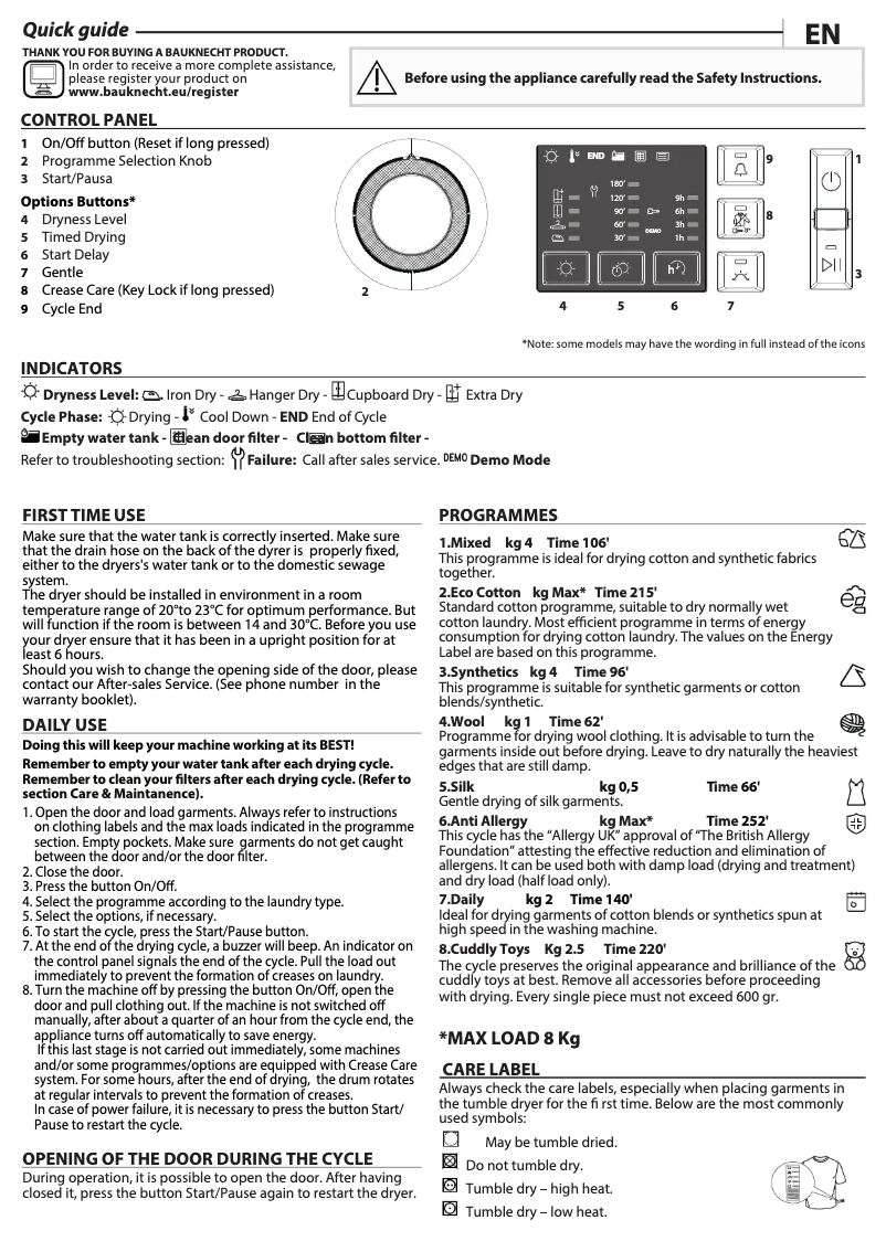 Page 1 de la notice Manuel utilisateur Bauknecht T M10 81SK EU