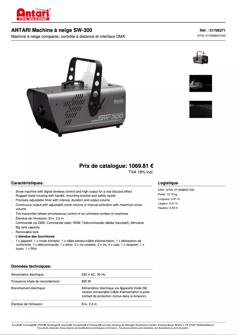 Page 1 de la notice Fiche technique Antari SW-300