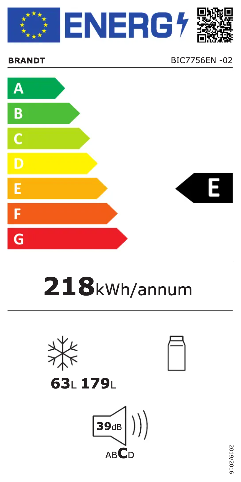 Page n°1 - Label énergétique Brandt BIC7756EN