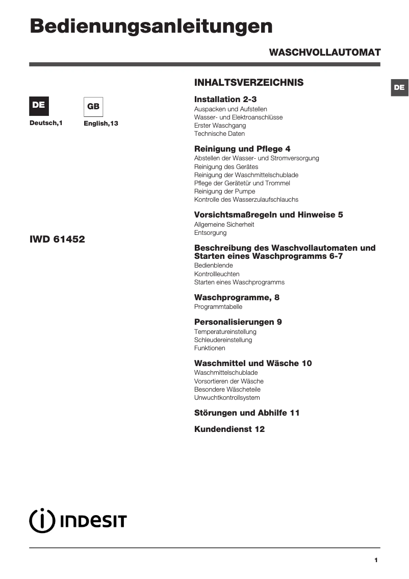 Page n°1 - Manuel utilisateur Indesit IWD 61452 C ECO DE