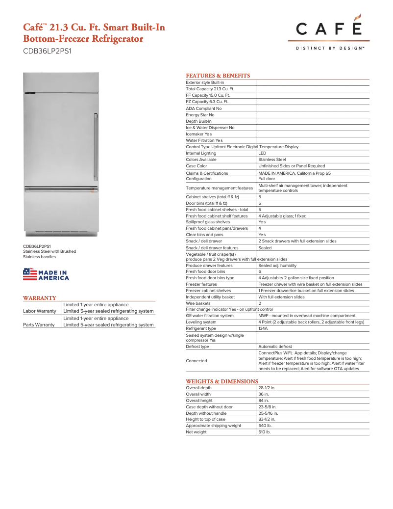 Page n°1 - Fiche technique GE Café CDB36LP2PS1